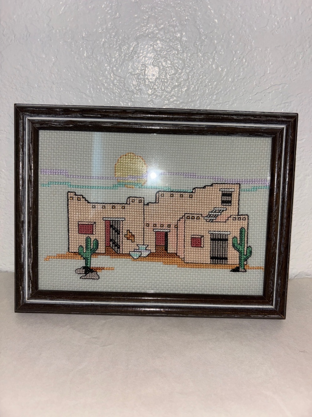 1991 Handcrafted Framed Southwestern Cross-Stitch Art 5x7